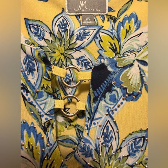 JM Collection Yellow and Navy Floral Tunic Top - Picture 2 of 4